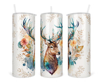 Deer Boho watercolor 20 oz insulated tumbler with lid and straw - Sew Lucky Embroidery