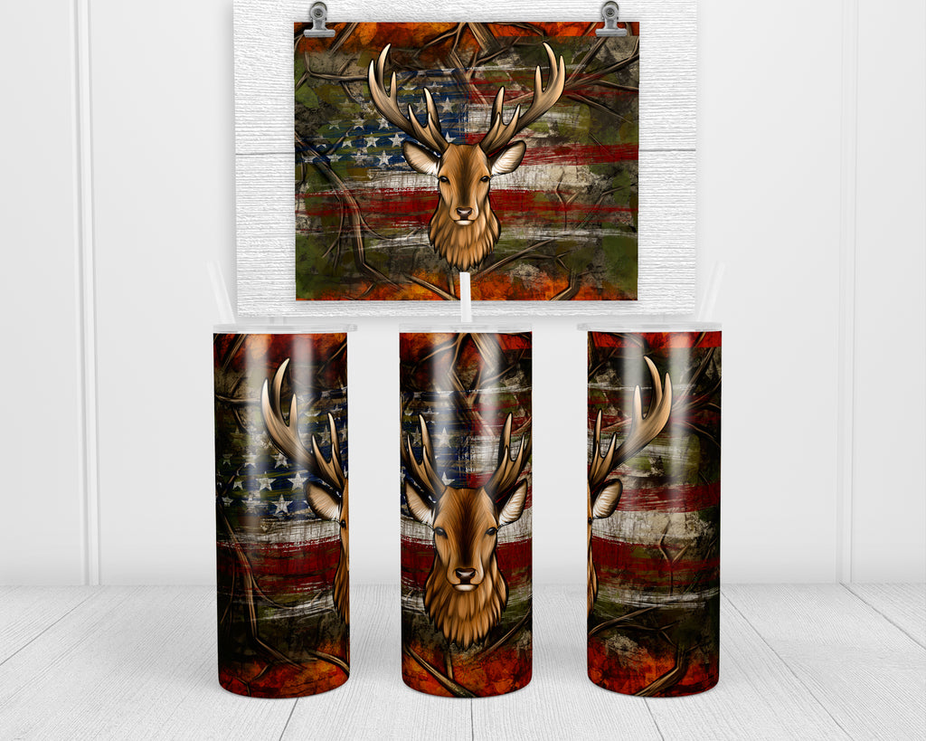 Deer Hunting Flag 20 oz insulated tumbler with lid and straw - Sew Lucky Embroidery