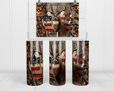 Deer Usa Flag 20oz insulated tumbler with lid and straw