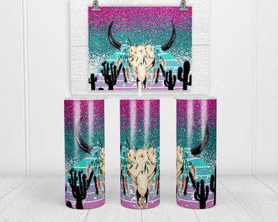 Desert Skull Glitter 20 oz insulated tumbler with lid and straw