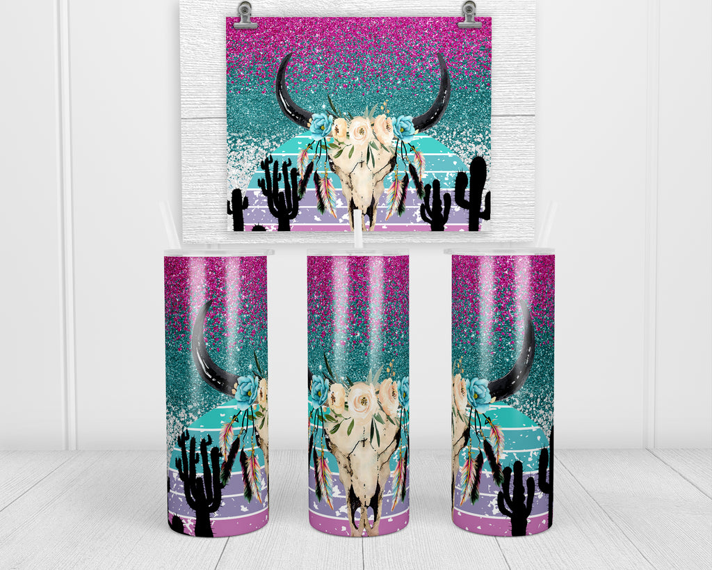 Desert Skull Glitter 20 oz insulated tumbler with lid and straw - Sew Lucky Embroidery