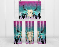Desert Skull Glitter 20 oz insulated tumbler with lid and straw - Sew Lucky Embroidery