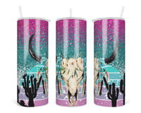 Desert Skull Glitter 20 oz insulated tumbler with lid and straw - Sew Lucky Embroidery