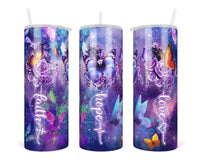 Faith Love Hope Purple Butterfly  20 oz insulated tumbler with lid and straw - Sew Lucky Embroidery
