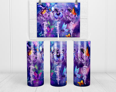 Faith Love Hope Purple Butterfly  20 oz insulated tumbler with lid and straw