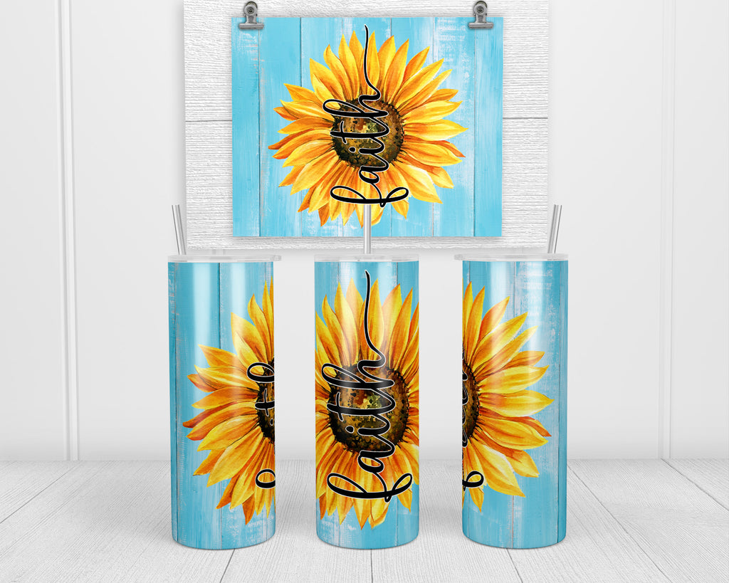 Faith Sunflowers 20 oz insulated tumbler with lid and straw - Sew Lucky Embroidery
