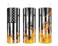 Flag with Yellow Flames 20 oz insulated tumbler with lid and straw - Sew Lucky Embroidery