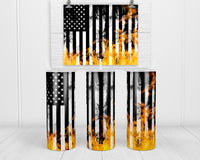 Flag with Yellow Flames 20 oz insulated tumbler with lid and straw - Sew Lucky Embroidery