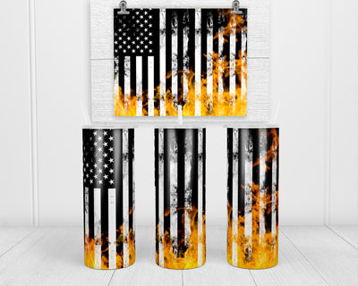 Yellow Flames on Flag 20 oz insulated tumbler with lid and straw