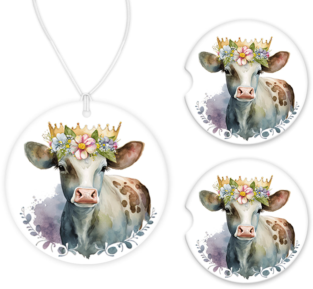 Floral Cow with Crown Car Charm and set of 2 Sandstone Car Coasters - Sew Lucky Embroidery