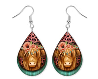 Floral Highland Cow Teardrop Earrings - Sew Lucky Embroidery