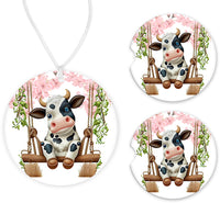 Floral Swinging Cow Car Charm and set of 2 Sandstone Car Coasters - Sew Lucky Embroidery