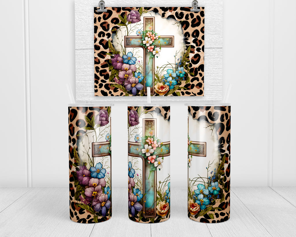 Floral Cross Leopard 20 oz insulated tumbler with lid and straw - Sew Lucky Embroidery