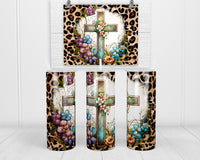Floral Cross Leopard 20 oz insulated tumbler with lid and straw - Sew Lucky Embroidery
