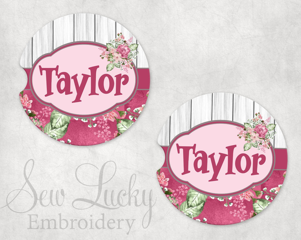 Floral Frame Personalized Sandstone Car Coasters - Sew Lucky Embroidery