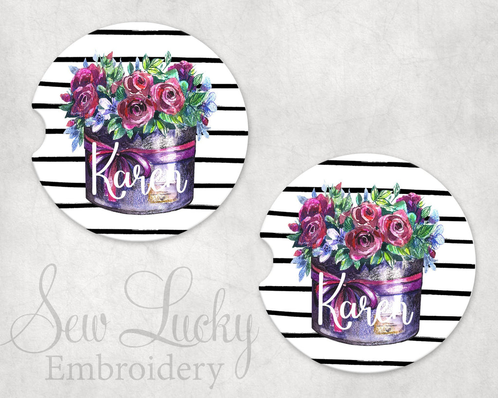 Floral Planter Sandstone Car Coasters - Sew Lucky Embroidery