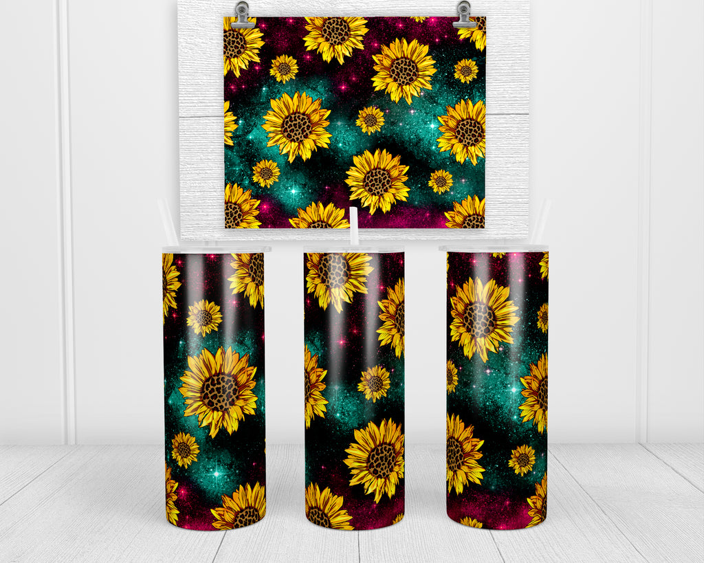Galaxy Sunflowers 20 oz insulated tumbler with lid and straw - Sew Lucky Embroidery