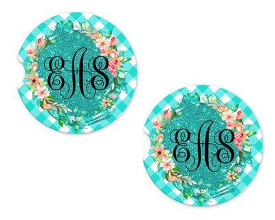Gingham Floral Wreath Personalized Sandstone Car Coasters (Set of Two)
