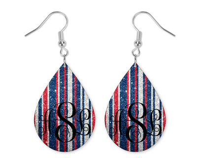 Red White Blue Glitter Stripes Monogrammed Teardrop Earrings