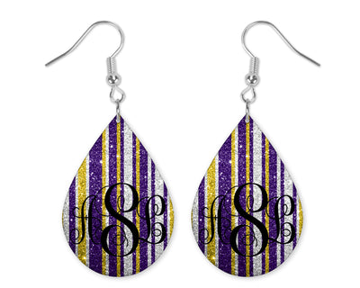 Purple Gold Silver Glitter Stripes Monogrammed Teardrop Earrings
