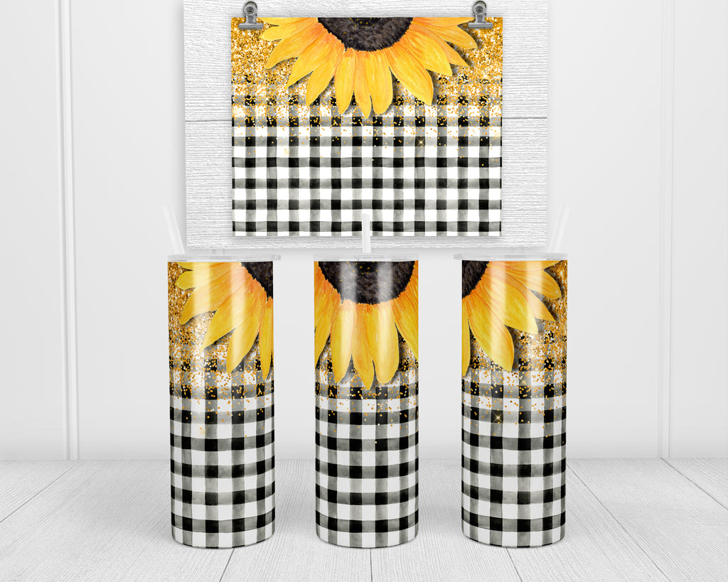 Glitter Plaid Sunflower 20 oz insulated tumbler with lid and straw - Sew Lucky Embroidery