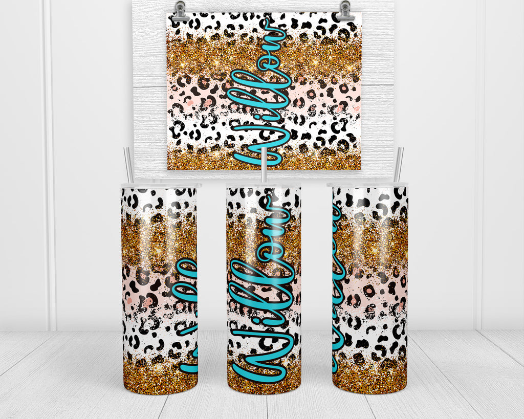 Glitter Leopard Stripes Personalized 20 oz insulated tumbler - Sew Lucky Embroidery