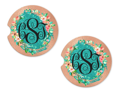 Glitter Pink and Green with Flowers Personalized Sandstone Car Coasters (Set of Two)