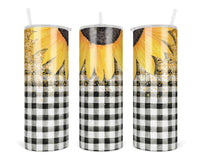 Glitter Plaid Sunflower 20 oz insulated tumbler with lid and straw - Sew Lucky Embroidery