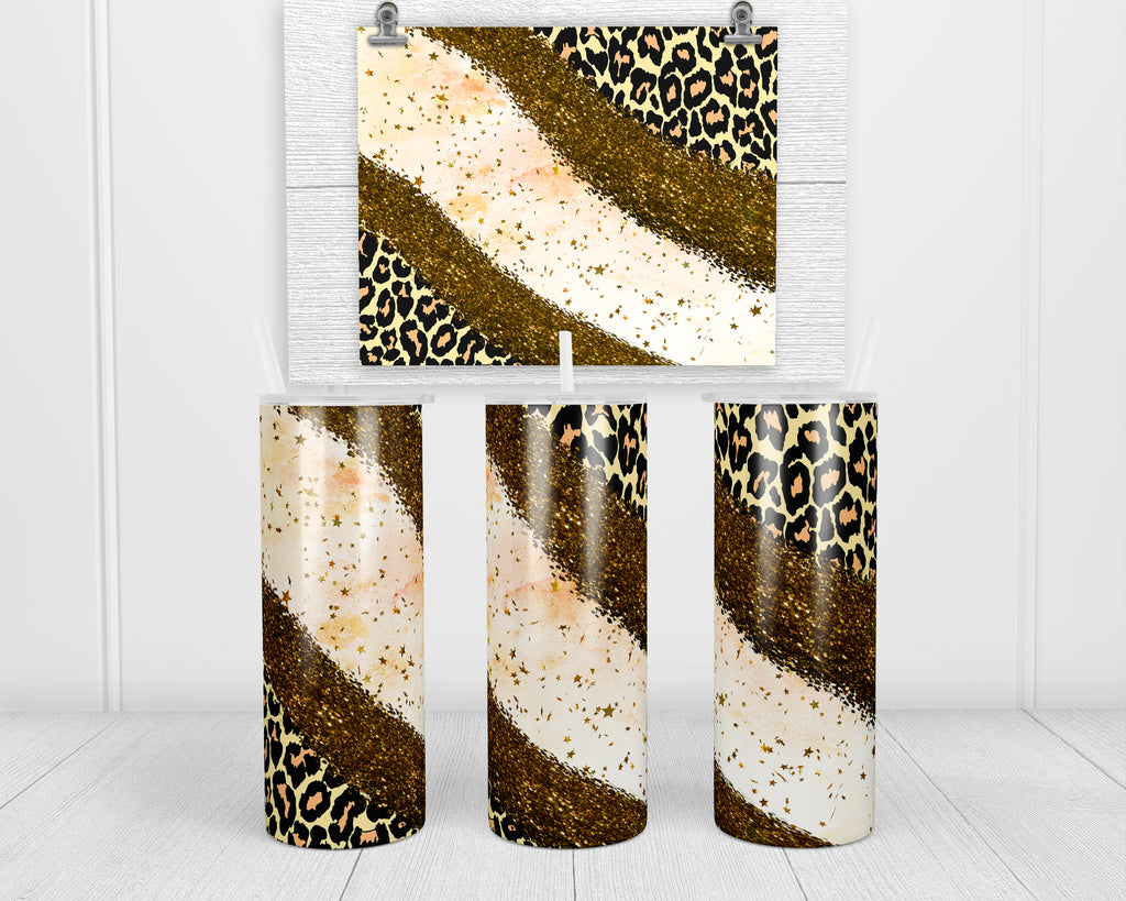 Gold Glitter and Leopard 20 oz insulated tumbler with lid and straw - Sew Lucky Embroidery