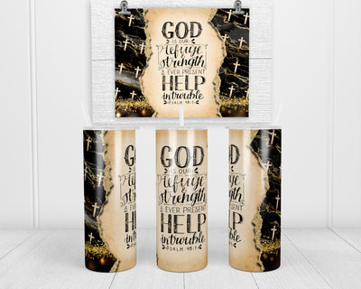 Psalms 46:1 Gold with Black Marble 20 oz insulated tumbler with lid and straw