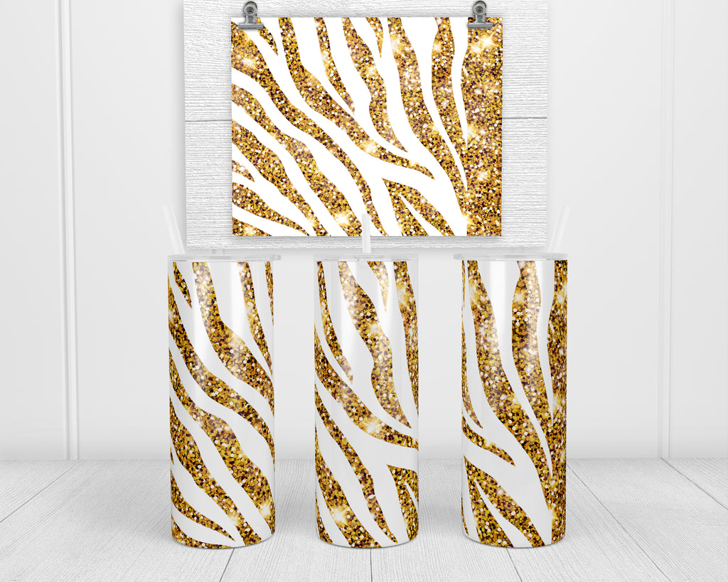 Gold Zebra Glitter 20 oz insulated tumbler with lid and straw - Sew Lucky Embroidery
