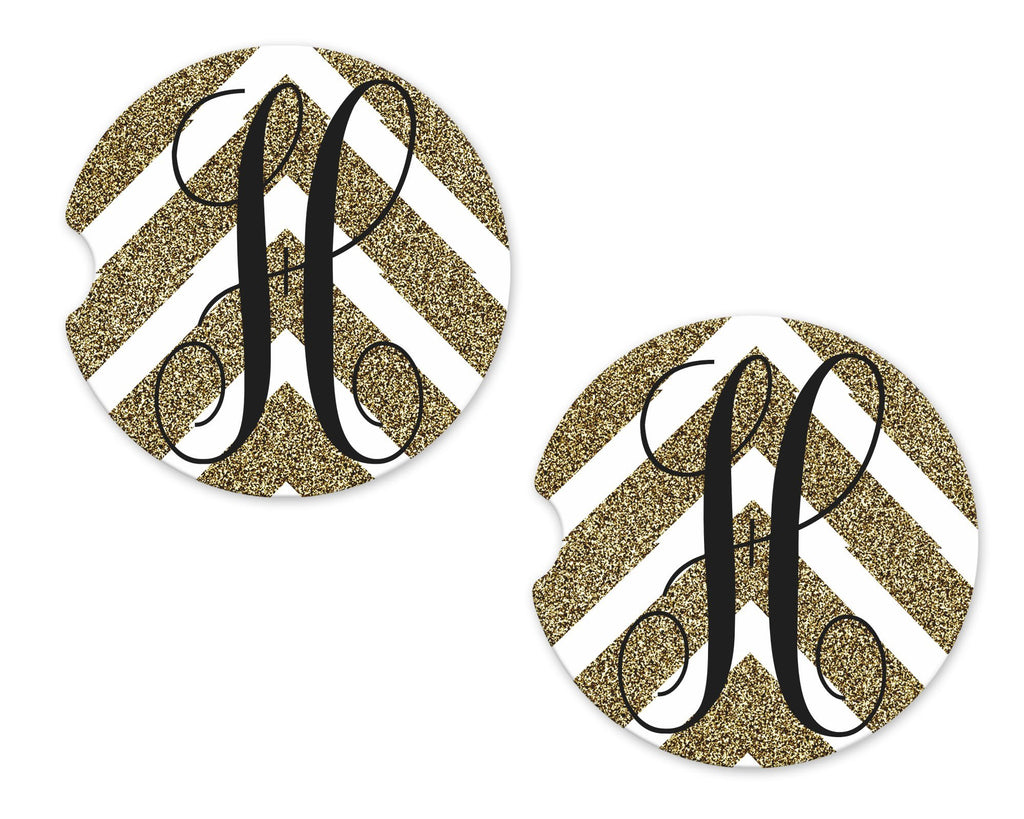 Gold Stripes and Flowers Personalized Sandstone Car Coasters - Sew Lucky Embroidery
