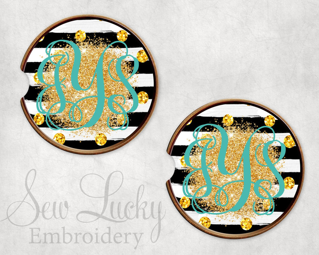 Gold and Stripes Glitter Sandstone Car Coasters - Sew Lucky Embroidery