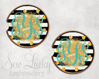Gold and Stripes Glitter Sandstone Car Coasters - Sew Lucky Embroidery