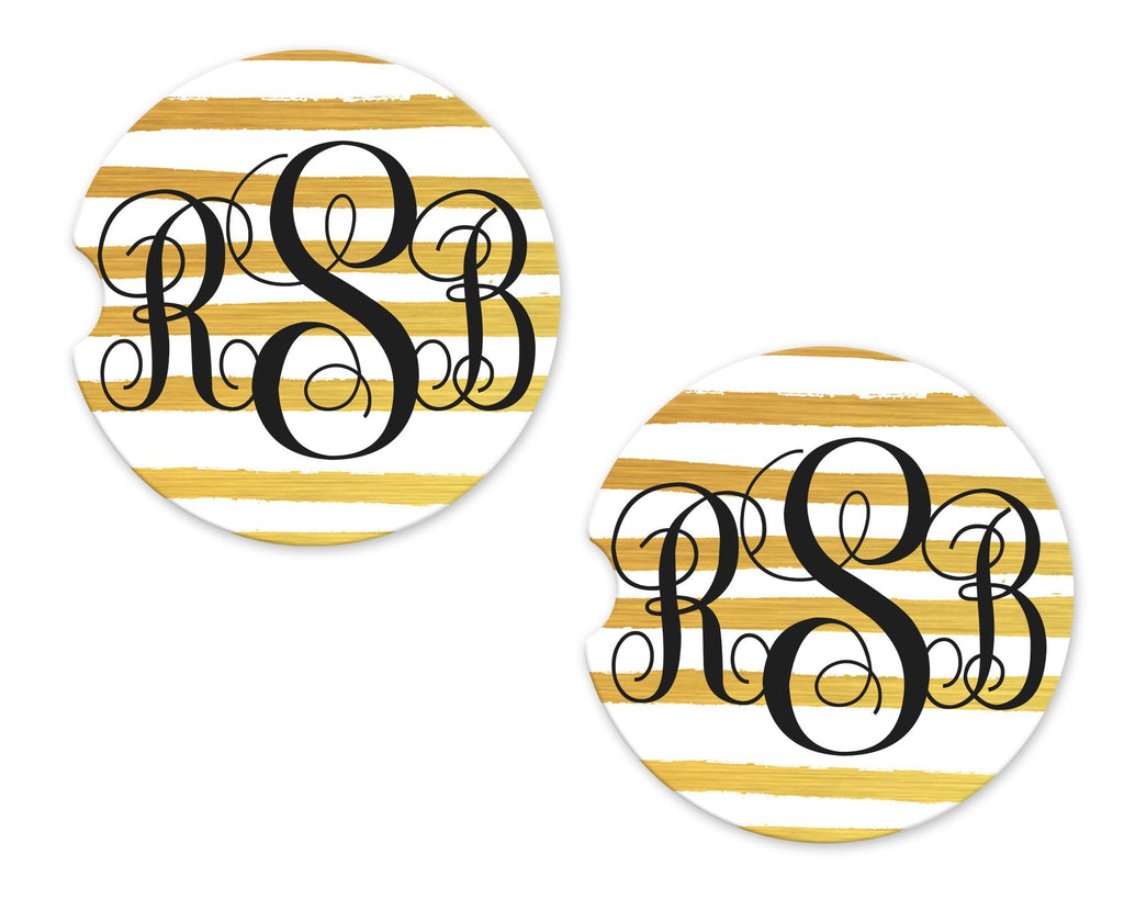 Gold and White Stripes Personalized Sandstone Car Coasters - Sew Lucky Embroidery