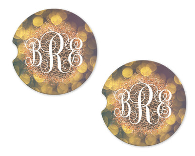 Golden Bokeh Leopard Personalized Sandstone Car Coasters (Set of Two)