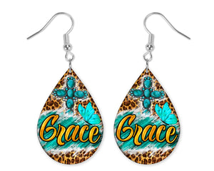 Grace with Leopard Print Teardrop Earrings - Sew Lucky Embroidery