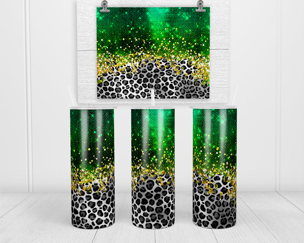 Green Glitter Leopard 20 oz insulated tumbler with lid and straw - Sew Lucky Embroidery