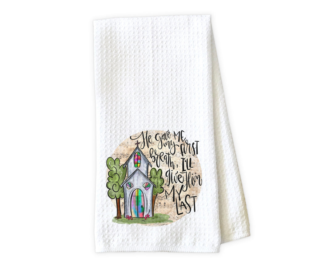 He Gave Me My Breath Waffle Weave Microfiber Kitchen Towel - Sew Lucky Embroidery