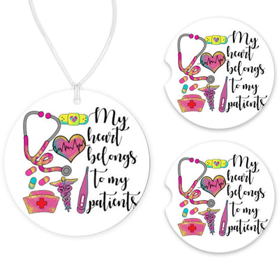 My Heart Belongs to My Patients Car Charm and set of 2 Sandstone Car Coasters