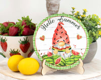 Hello Summer Gnome Tier Tray Sign and Stand - Sew Lucky Embroidery