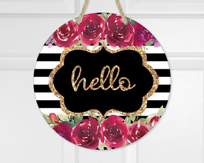 Hello Stripes with Flowers Door Hanger