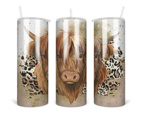 Highland Cow Leopard 20 oz insulated tumbler with lid and straw - Sew Lucky Embroidery