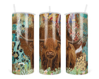 Highland Cow and Succulents Personalized 20 oz insulated tumbler with lid and straw - Sew Lucky Embroidery