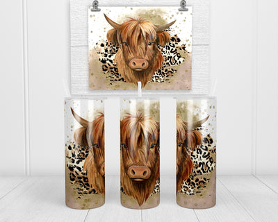 Highland Cow Leopard 20 oz insulated tumbler with lid and straw