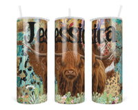 Highland Cow and Succulents Personalized 20 oz insulated tumbler - Sew Lucky Embroidery