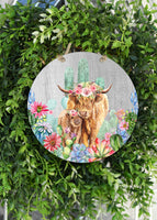 Highland Cows with Succulents Door Hanger - Sew Lucky Embroidery