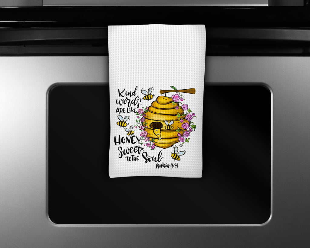 Kind Words are Like Honey Waffle Weave Microfiber Kitchen Towel - Sew Lucky Embroidery