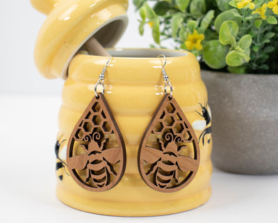 Honey Bee Cherrywood Teardrop Earrings