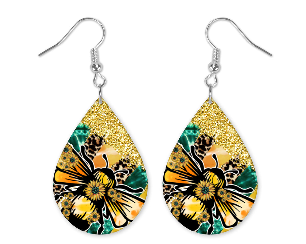 Honeybee Glitter Teardrop Earrings - Sew Lucky Embroidery